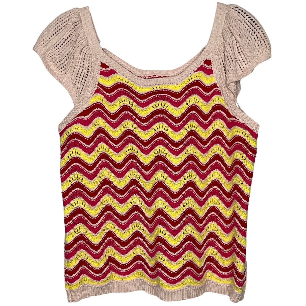 Kaily K NEW Crochet Cap Sleeve Sweater Yellow Pink Chevron Pattern XL